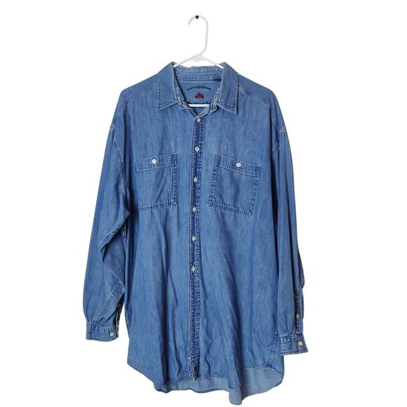 Vintage Nordstrom Chambray Blue Denim Relaxed Button Up Shirt Large 17.5 Preppy - Picture 1 of 11